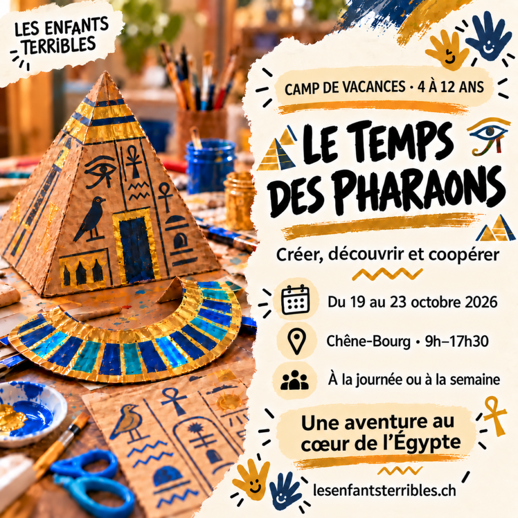 Camp Le Temps des Pharaons pour les enfants de 4 à 12 ans, du 19 au 23 octobre 2026 à Chêne-Bourg, de 9h à 17h30.