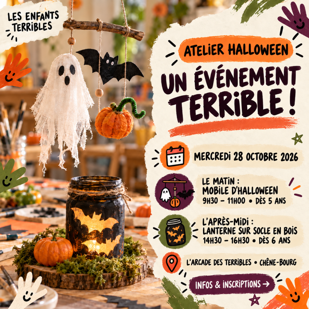 Affiche des ateliers Halloween du mercredi 28 octobre 2026 : mobile d’Halloween le matin et lanterne décorée sur socle en bois l’après-midi.
